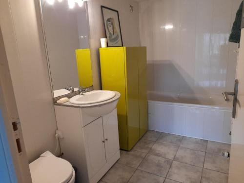 uma casa de banho com um lavatório, um WC e uma banheira em A 5 mns du Puy de Dôme avec Vue imprenable Studio rez de jardin 24m2 neuf à Laschamps em Saint-Genès-Champanelle