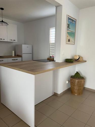 a kitchen with a counter top in a room at Ti Kaz'ETA in Sainte-Anne