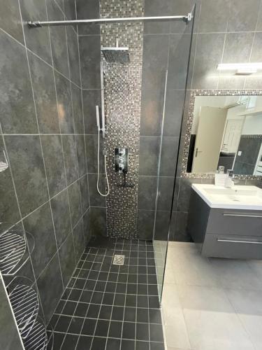 een badkamer met een douche en een wastafel bij Studio Bambou in Callian