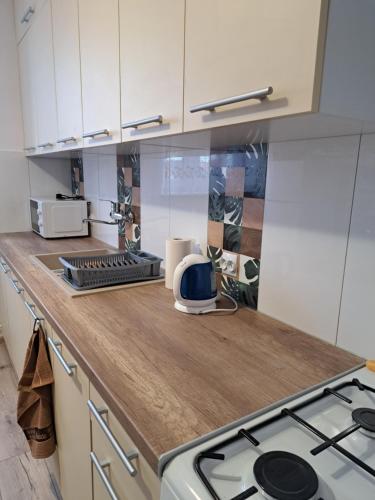 a kitchen with a stove and a counter top at APARTAMENT na STARÓWCE in Pasłęk