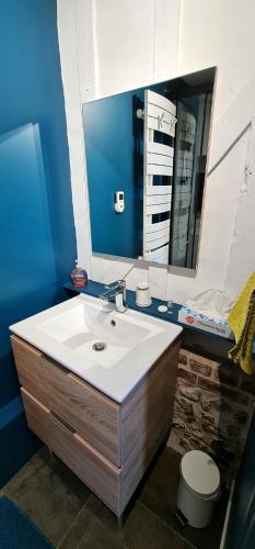 La salle de bains est pourvue d'un lavabo et d'un miroir. dans l'établissement Maison normande, à Freneuse-sur-Risle