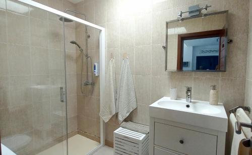 y baño con ducha, lavabo y espejo. en Apartamento Casita del Mar, en Arrieta