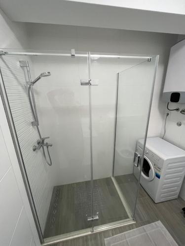 La salle de bains est pourvue d'une cabine de douche et d'un lave-linge. dans l'établissement Apartman - Kera Nin, à Nin