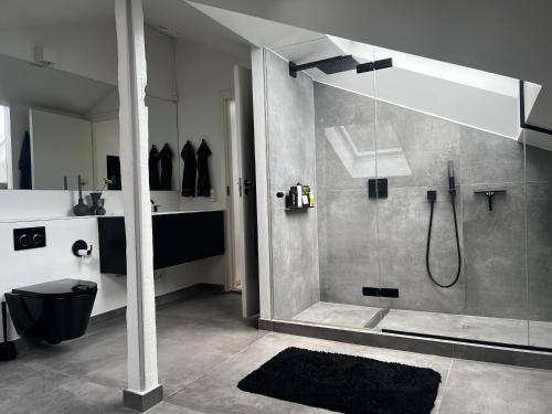 bagno con doccia, lavandino e servizi igienici di New Yorker lejlighed a Arhus