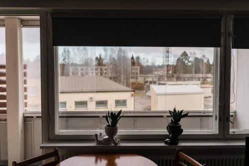uma janela com dois vasos de plantas em cima de uma mesa em Viihtyisä yksiö lähellä palveluita. (Himos 7,9 km) em Jämsä