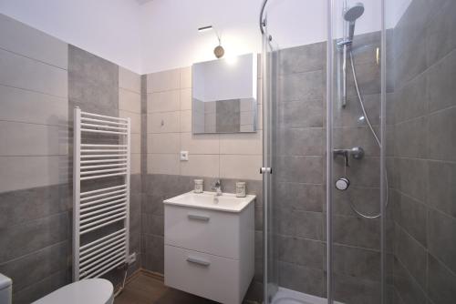 een badkamer met een douche, een toilet en een wastafel bij Apartmány IMLADRIS, Hotel u pralesa in Benešov nad Černou