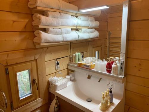 uma casa de banho com lavatório, espelho e toalhas em Polar House Karuisawa - Vacation STAY 30319v em Kutsukake