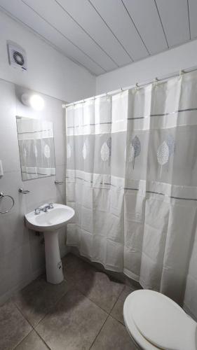 y baño con aseo, lavabo y ducha. en Departamento temporario Prado Español en San Nicolás de los Arroyos