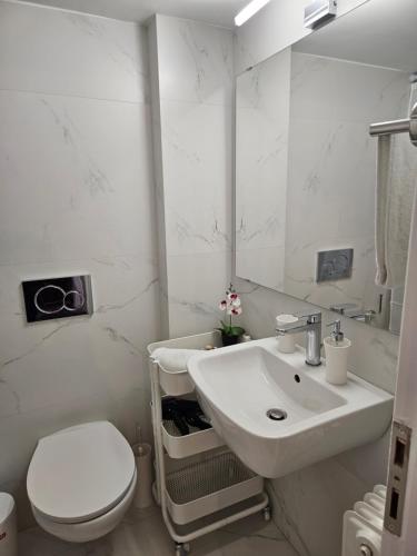 een witte badkamer met een wastafel en een toilet bij F23 in Athene