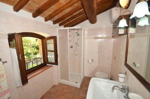 W łazience znajduje się prysznic, umywalka i toaleta. w obiekcie Agriturismo Sant'Angelo w mieście Acquapendente