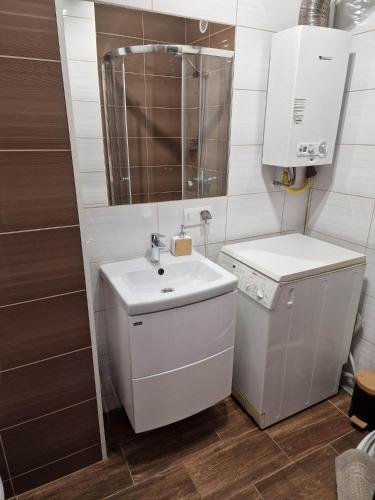 a small bathroom with a sink and a mirror at Apartament Sportowa in Gryfice