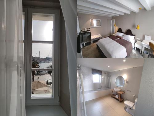 two pictures of a hotel room with a bed and a window at XII Century Heritage Hotel in Trogir