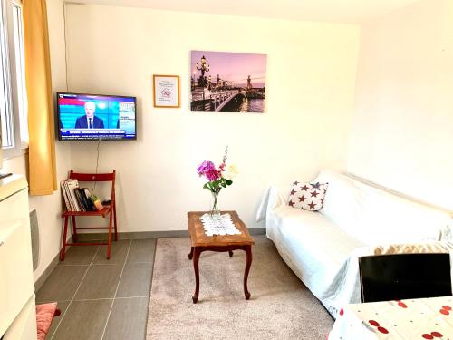 un soggiorno con un divano e una TV di MaisonTevy - Appart & Studio pro-tourisme a Pontault-Combault