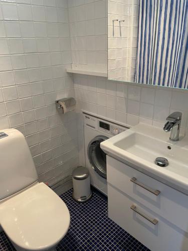 a bathroom with a toilet and a sink and a washing machine at Nyhamnsläge med sundsutsikt och nära till strand. in Nyhamnsläge