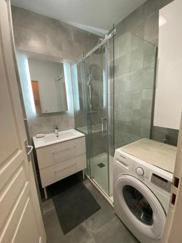 une salle de bain avec une machine à laver et un lavabo dans l'établissement Joli F3 SETE à la Caraussanne, à Sète