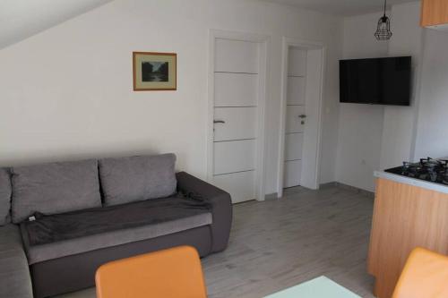 ein Wohnzimmer mit einem Sofa und einem TV in der Unterkunft Moderan apartman Ana - Vinkovci centar in Vinkovci