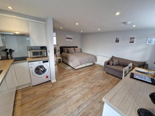 a kitchen and living room with a bed and a couch at The Patch in Brighton & Hove