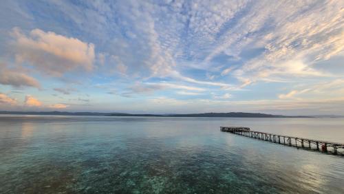 a pier in the water with a cloudy sky at Terimakasih homestay in Pulau Mansuar