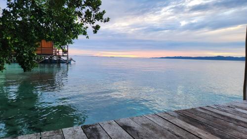 a view of a body of water with a dock at Terimakasih homestay in Pulau Mansuar