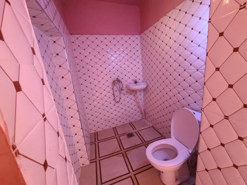 une salle de bains rose avec toilettes et lavabo. dans l'établissement Dar de l'Atlas, à Lalla Takerkoust