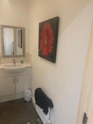 baño con lavabo y una pintura de flores rojas en la pared en Homely abode, en Croydon