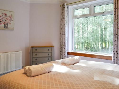 a bedroom with a bed with a window and a dresser at Cairncroft Cottage in Colfin