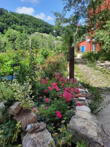 un jardín con flores rosas y rocas en FeWo An der Bruecke, en Solnhofen