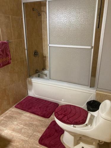 a bathroom with a toilet and a tub with red mats at PearlieRon Place in Runaway Bay