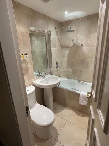 een badkamer met een toilet, een wastafel en een douche bij The Portaferry Hotel in Portaferry