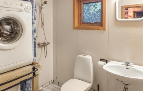 a bathroom with a toilet and a sink and a washing machine at Amazing Home In Vallavik With House Sea View in Vangsbygd