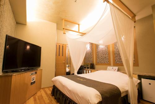 a bedroom with a bed and a flat screen tv at HOTEL D 川越 -Adult Only- in Kawagoe