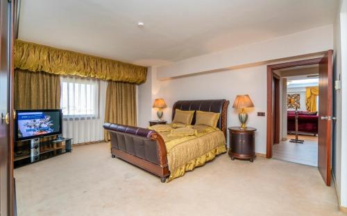 ein großes Schlafzimmer mit einem Bett und einem TV in der Unterkunft Anemon Eskisehir Hotel in Eskisehir