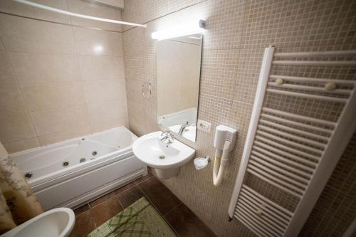 a bathroom with a sink and a tub and a toilet at Hotel Secret Garden in Baia-Sprie