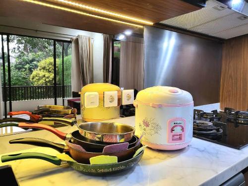 a kitchen with a counter top with some pans on it at Villa Vimala Hills Semeru in Bogor