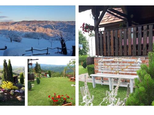a collage of pictures with a bench in a yard at Stara hiža Vlašić in Kostanjevac
