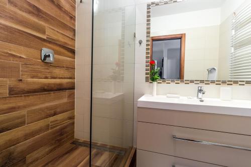 a bathroom with a sink and a mirror at Aqualiget-Apartmanház E-Car plug-in point Szeged in Szeged