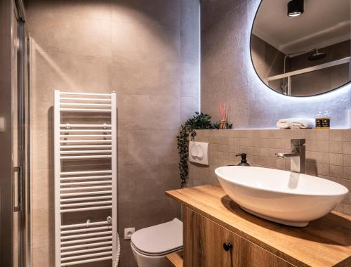 a bathroom with a sink and a toilet and a mirror at B10 Business Apartments in Žilina