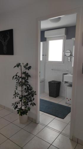 a bathroom with a potted plant in a room at Duplex Estelle - 2 couples ou famille in Gérardmer
