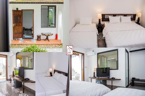 a collage of four pictures of a bedroom at La Y Riverview in Hue