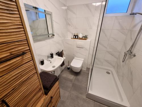 a bathroom with a shower and a toilet and a sink at Apartment Mara in Senj