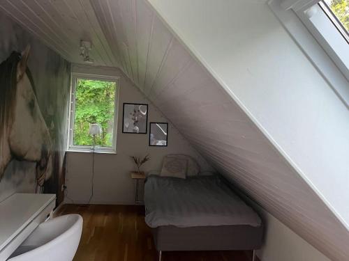 een kamer met een trap, een bank en een raam bij Lugn och lummig oas för den stora familjen, söndag -söndag in Båstad