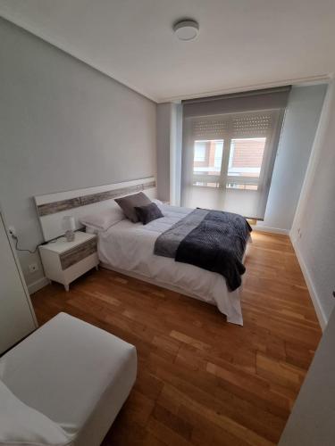 1 dormitorio con 1 cama grande y suelo de madera en Vivienda SILVIA RENFE, en León