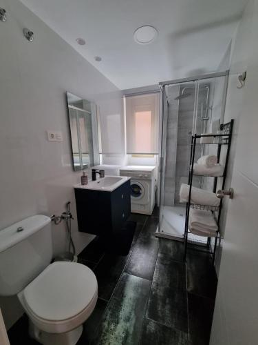 een badkamer met een toilet, een wastafel en een douche bij Vivienda SILVIA RENFE in León