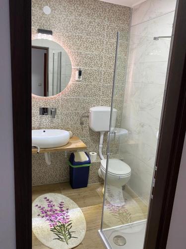 a bathroom with a toilet and a sink and a mirror at B&B Sandrina in Bilje