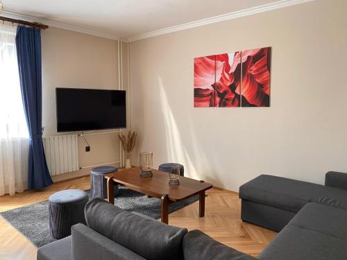 a living room with a couch and a table at Vamos Apartman in Bük