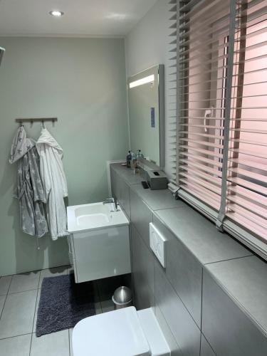 ein Badezimmer mit einem Waschbecken, einem WC und einem Spiegel in der Unterkunft Ferienwohnung am Traveufer in Travemünde
