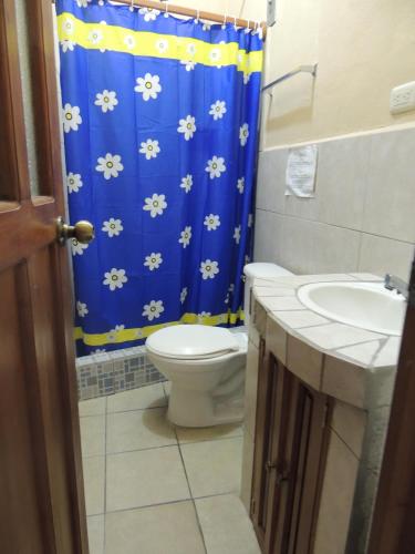 a bathroom with a toilet and a blue shower curtain at La Posada De Don Jose in Flores
