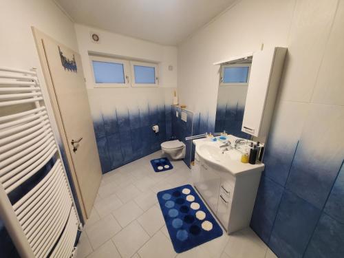 uma casa de banho azul e branca com um WC e um lavatório em Andrea em Mürzzuschlag