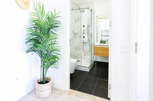 a bathroom with a toilet and a plant at Ice Cream Call Apartments in Faro