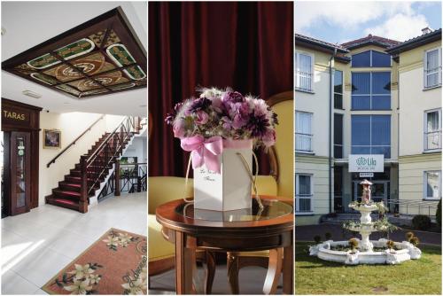 a collage of photos of a building with a table and flowers at Lila Medical SPA in Ciechocinek